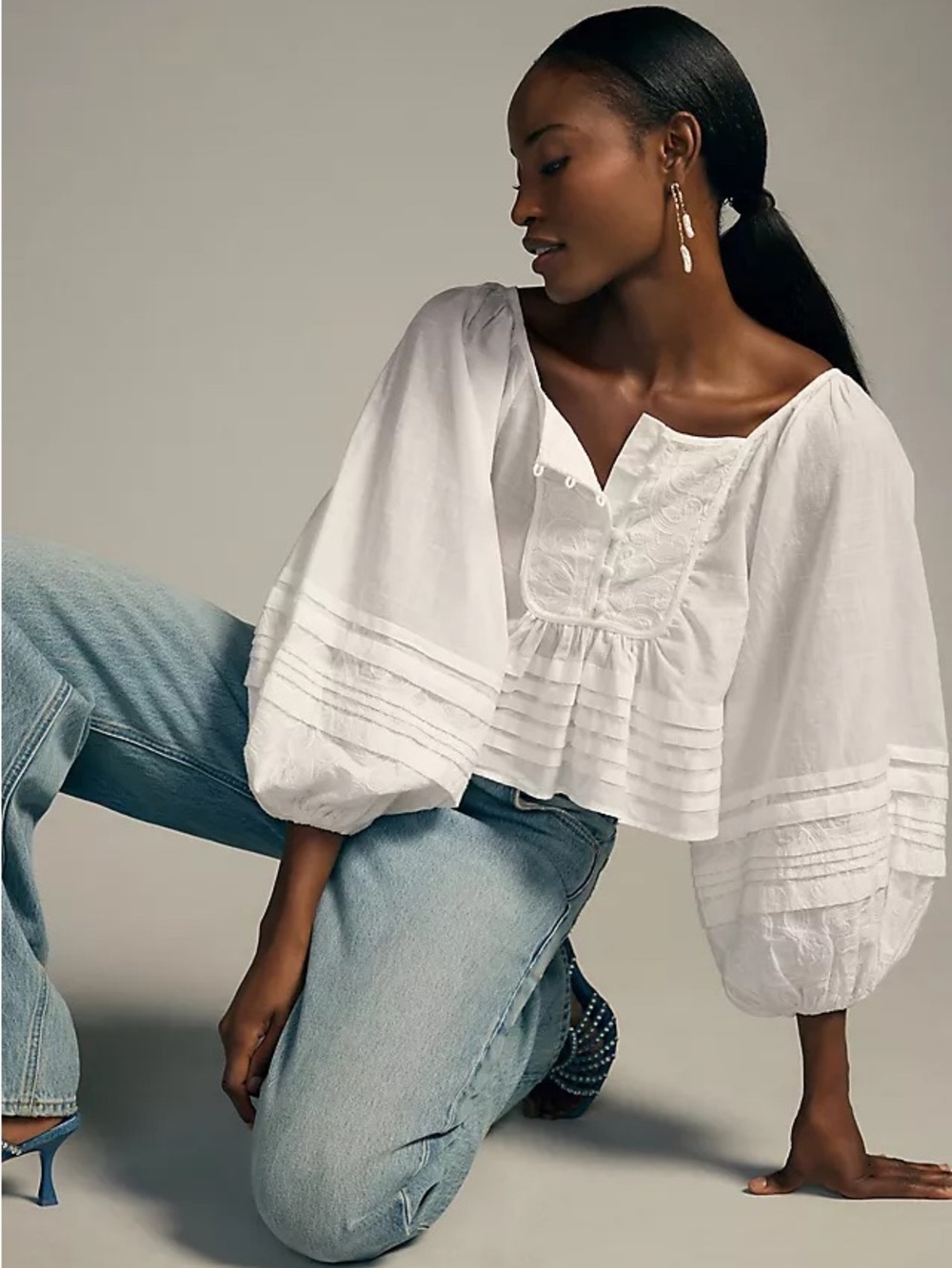 Anthropologie Lace Babydoll Long Sleeve Button Blouse Top